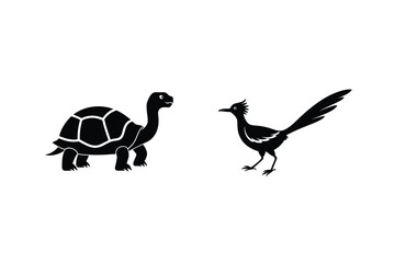 Cartoon Silhouette Illustration Of A Turtle And A Roadrunner Standing Isolated