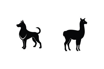 Silhouette Of A Dog And Llama Standing Separately On A White Background