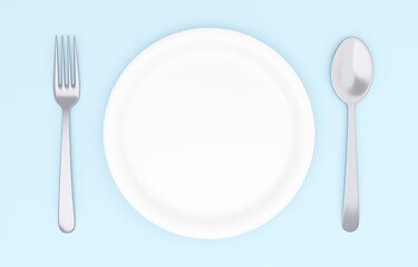 3Dイラスト_皿とカトラリー_水色