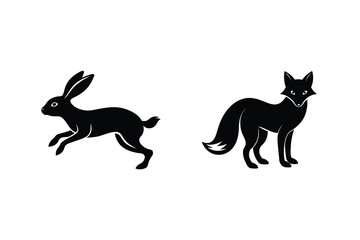 Silhouette Illustration Of A Hare Leaping And A Fox Standing On White Background