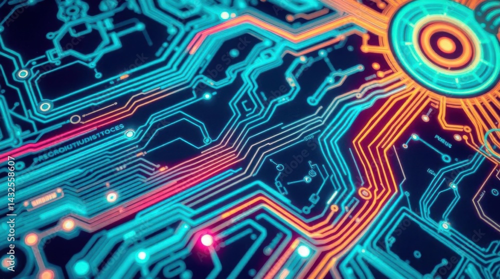 Poster intricate futuristic circuit board design with vibrant neon glows and data flow