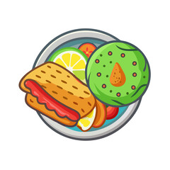 Cartoon lunch plate with sandwich and guacamole