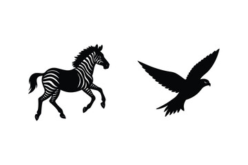 Graphic Silhouette Zebra And Flying Hawk Illustration On White Background