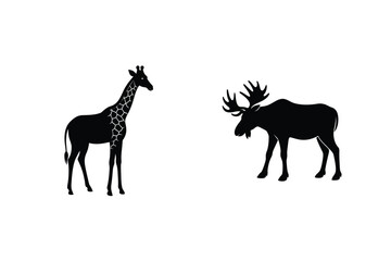 Giraffe And Moose Silhouette Vector Graphic On White Background Illustration