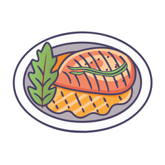 Cartoon illustration of delicious grilled salmon dish