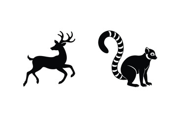 Black Silhouettes Of A Running Deer And Ring Tailed Lemur On White