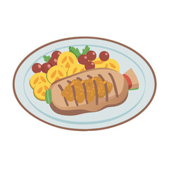 Stylized Cartoon Dinner with Grilled Meat and Vegetables