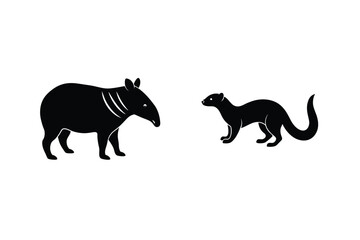 Minimalist Black Silhouette Illustration Of A Tapir And A Weasel Isolated