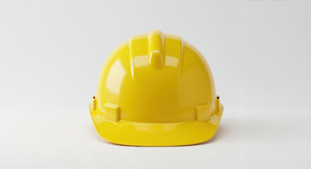 Fototapeta premium Yellow safety hard hat on white background with protective rim and ventilation. Construction helmet with adjustable harness. Workplace safety equipment and industrial protection gear