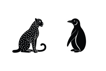 Naklejka premium Leopard And Penguin Staring At Each Other In Silhouette Style Illustration
