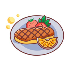 Delicious cartoon steak with tomatoes and orange slice