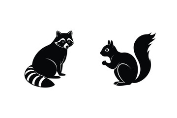 Raccoon And Squirrel Silhouette Vector Illustration Isolated On White Background