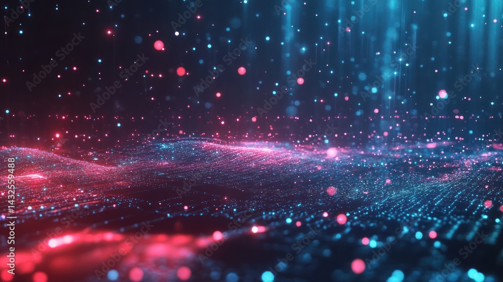 Poster abstract digital landscape with glowing particles and vibrant color gradient