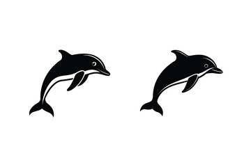 Two Black Dolphin Silhouettes On A White Background Marine Wildlife Design