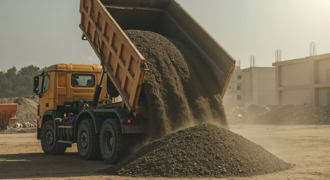 Yellow dump truck unloading gravel and soil at construction site with dust cloud forming. Heavy vehicle delivering building materials with tilted cargo container. Construction material delivery