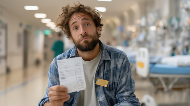 Hospital Bill Distress: A man stares with bewildered concern at a hospital bill, capturing a moment of financial and emotional stress in a hospital setting.