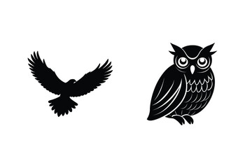 Black Bird Flying And Owl Vector Design Animal Silhouette Illustration