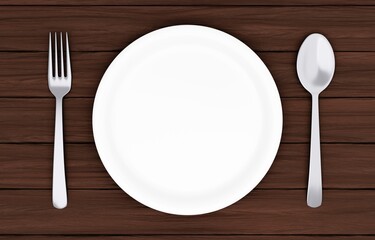 3Dイラスト_皿とカトラリー_木のテーブル