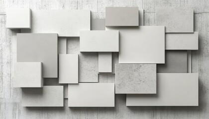 Abstract geometric shapes, various sizes and shades of gray and white squares and rectangles, layered on a light gray background
