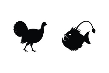 Turkey Bird And Angler Fish Silhouette Vector Illustration On White Background