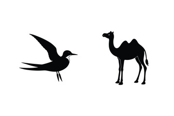 Silhouette Vector Artwork Of Bird In Flight And Standing Camel Isolated