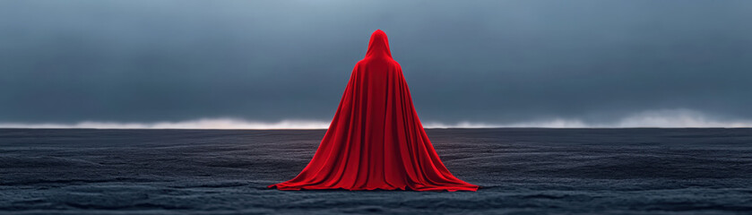 mysterious figure in red cloak stands alone against dark, moody landscape, evoking sense of intrigue and solitude