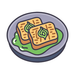 Toast with Green Cream Sauce, Colorful Cartoon Illustration