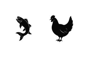 Simple Black Silhouettes Of A Fish And Chicken On White Background