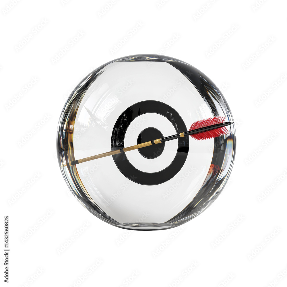 Poster precision through transparency a clear objective represented in a spherical reflection with arrow