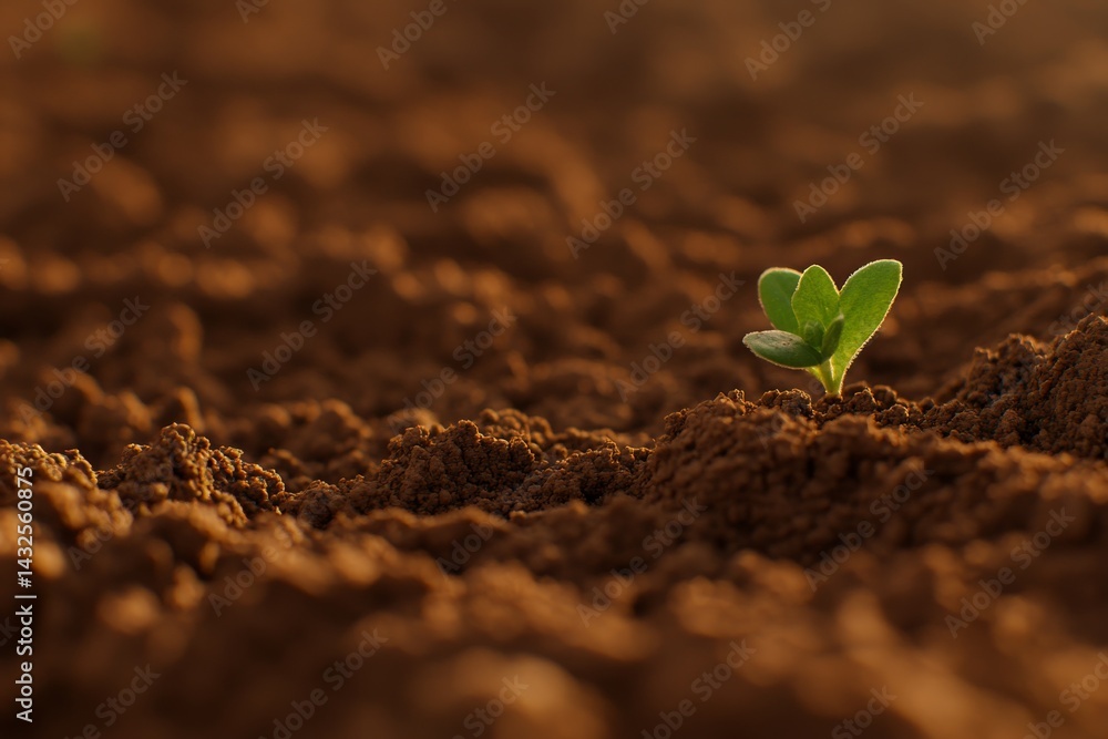 Poster a small green plant thrives in warm soil, illuminated by soft sunlight, representing growth and a de