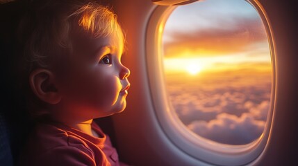 Baby gazes at sunset through plane window, golden light bathes face, clouds below