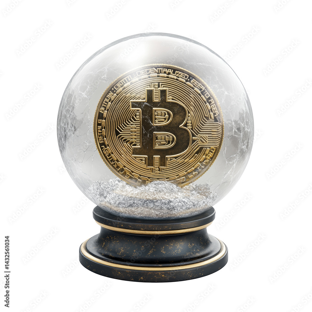Poster bitcoin forecast concept with snow globe and crypto coin offering future insight