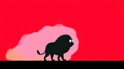 Majestic Lion Silhouette Walking Through Pink Smoke  Red Background