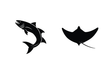 Elegant Black Fish And Stingray Silhouettes On White Background Vector Design