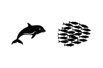 Black Silhouette Of Dolphin And School Of Fish On White Background