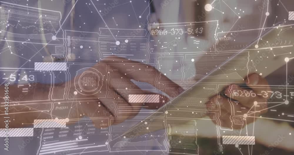 Poster technology analyst tapping tablet screen in office, overlaying floating data charts numbers nodes