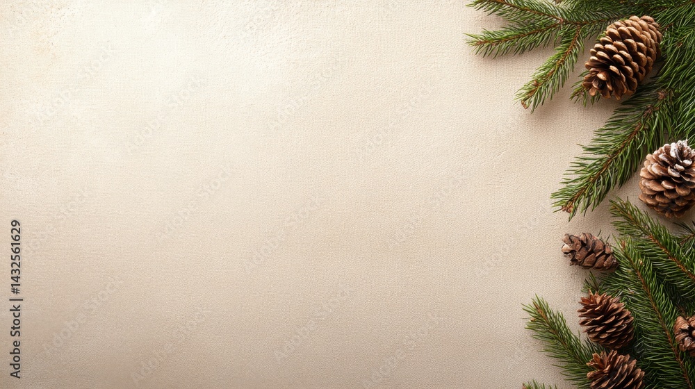 Poster a close-up view showcases a beige fabric frame embellished with pine cones and branches, offering a 