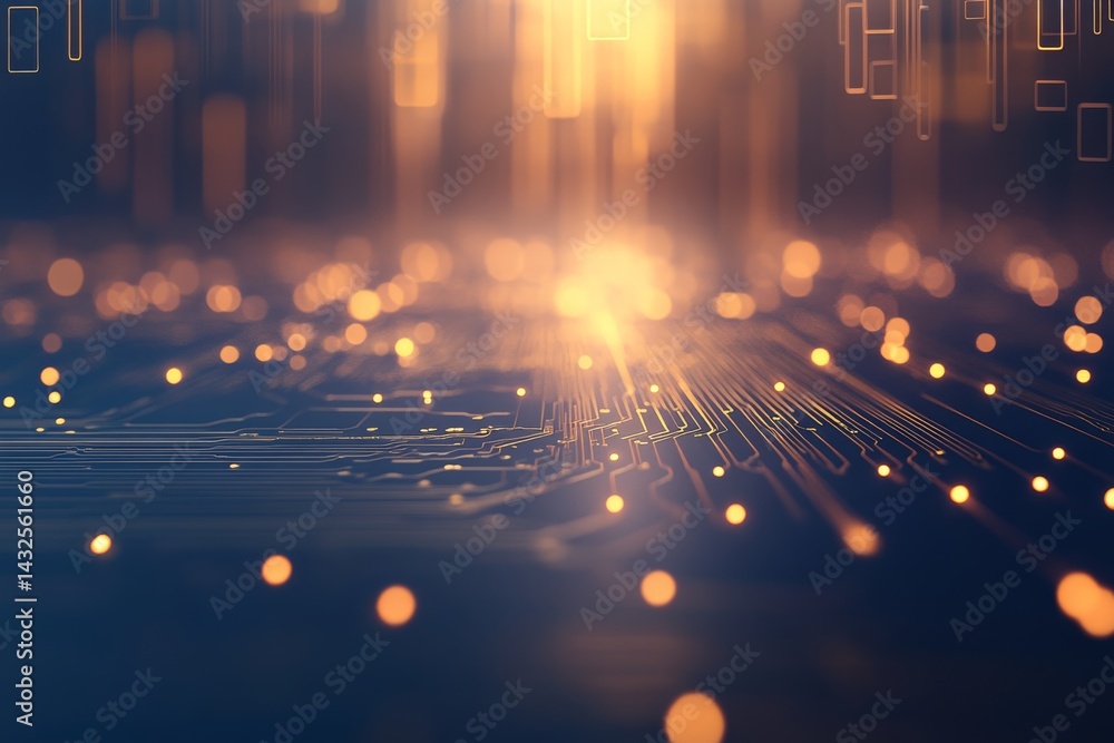 Fototapete Intricate details of a blue circuit board with glowing yellow diodes create a high-tech atmosphere. The design features captivating patterns for visual interest