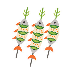 Skewered Grilled Fish Cartoon Illustration with Black Background