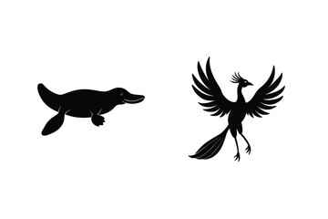 Platypus And Phoenix Bird Silhouette Icons On White Background Vector Illustration