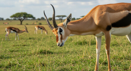Gazelle grazing in green savanna with acacia trees in background. Antelope with long horns and distinctive markings in natural habitat. Wildlife conservation awareness