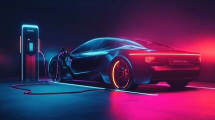 Futuristic electric vehicle charging at night