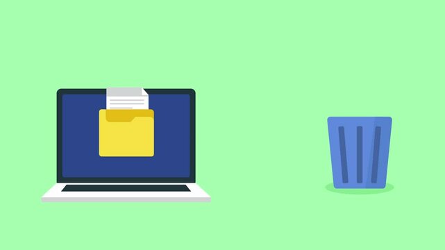 animation deleting file document from laptop to trash or recycle bin