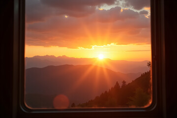 sunset in the mountains out of the window