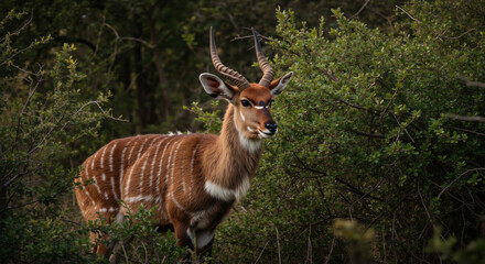 Male nyala with spiral horns among green bushes in forest. Wild antelope with white striped markings on reddish brown coat. Wildlife conservation awareness and nature documentary educational materials
