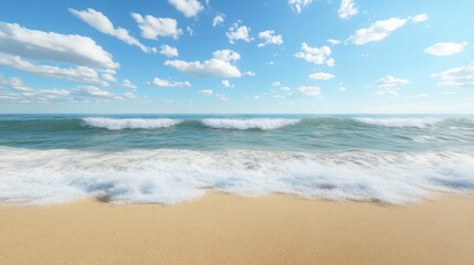 Fototapeta premium Serene seascape featuring gentle waves washing ashore on a sandy beach under a bright blue sky dotted with fluffy white clouds creating calmness