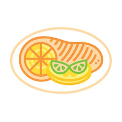 Grilled salmon steak with lemon slices illustration