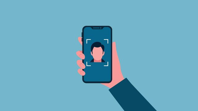 animation face scanning on mobile phone.animated Face Recognition in Action,Businessman Hand Holding Phone .animated Face ID Scanning To Unlock and Advanced Security	