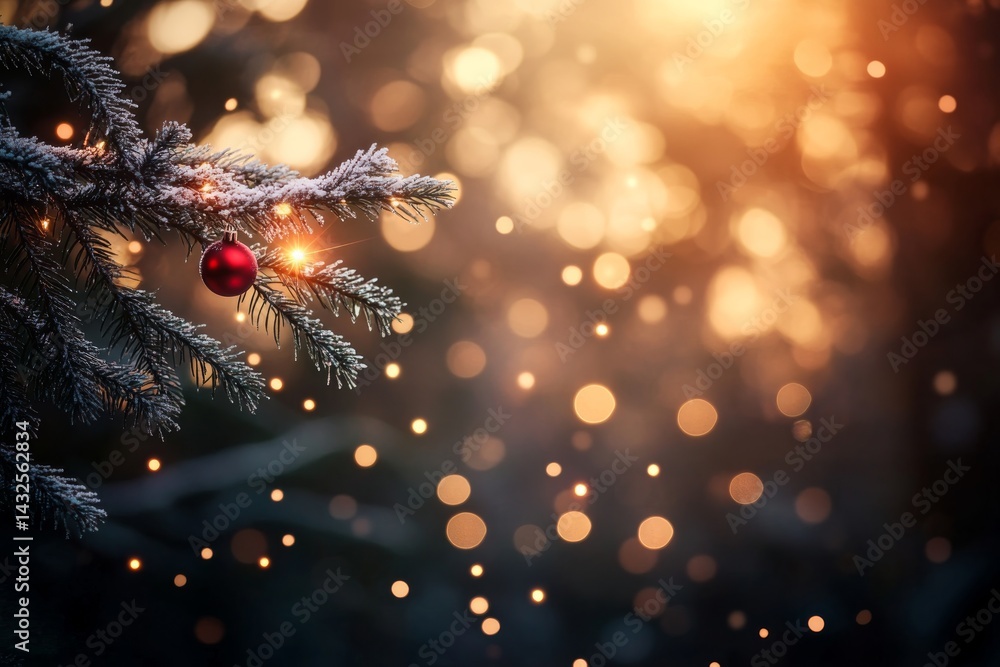 Poster frosted pine needles of a christmas tree branch hold a vibrant red ornament, while twinkling fairy l