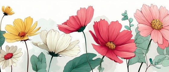 Pastel Floral Seamless Pattern  Delicate Cosmos   Eucalyptus Design